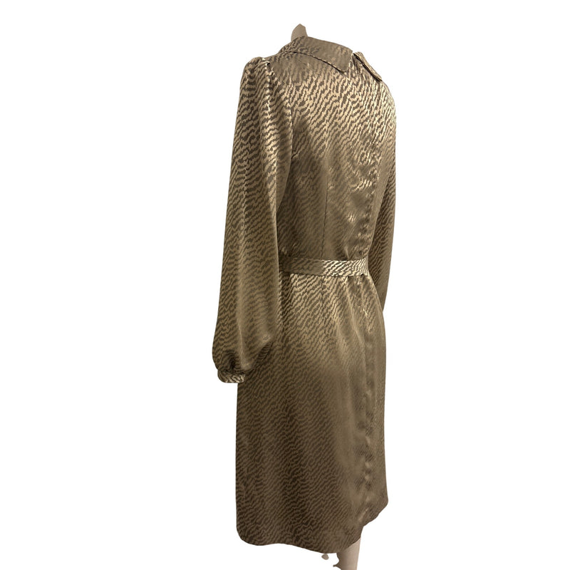 Vintage 1970s Beige Zebra Print Satin Sheath Dress Bow Detail Belted Waist Fundraiser for Sustainable Fashion Education Programs