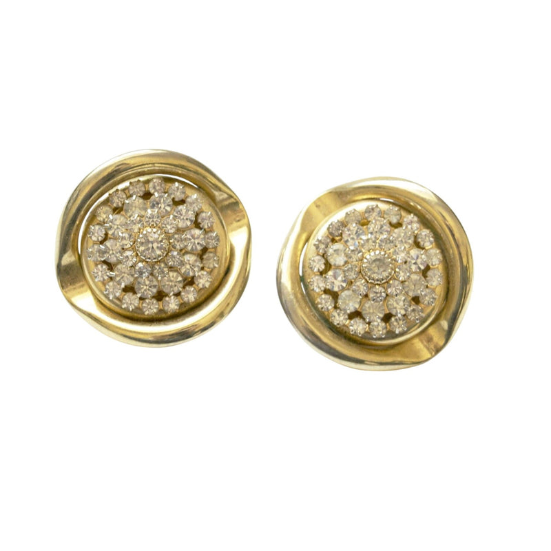 Vintage 1980s Gold-Tone Clip-On Earrings With Round Crystal Cluster Design 1.5" Diameter Glamorous Retro Jewelry