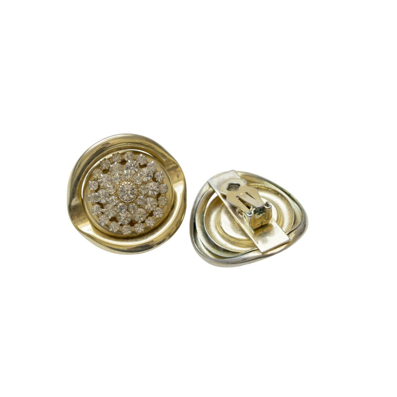 Vintage 1980s Gold-Tone Clip-On Earrings With Round Crystal Cluster Design 1.5" Diameter Glamorous Retro Jewelry