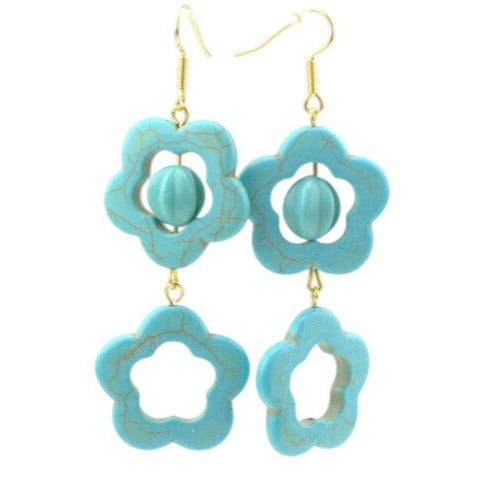 Turquoise Blue Howlite Flower Earrings With Vintage Bead Accents 3-Inch Drop Handcrafted By Gay Isber