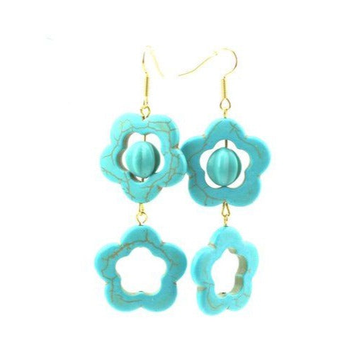 Turquoise Blue Howlite Flower Earrings With Vintage Bead Accents 3-Inch Drop Handcrafted By Gay Isber