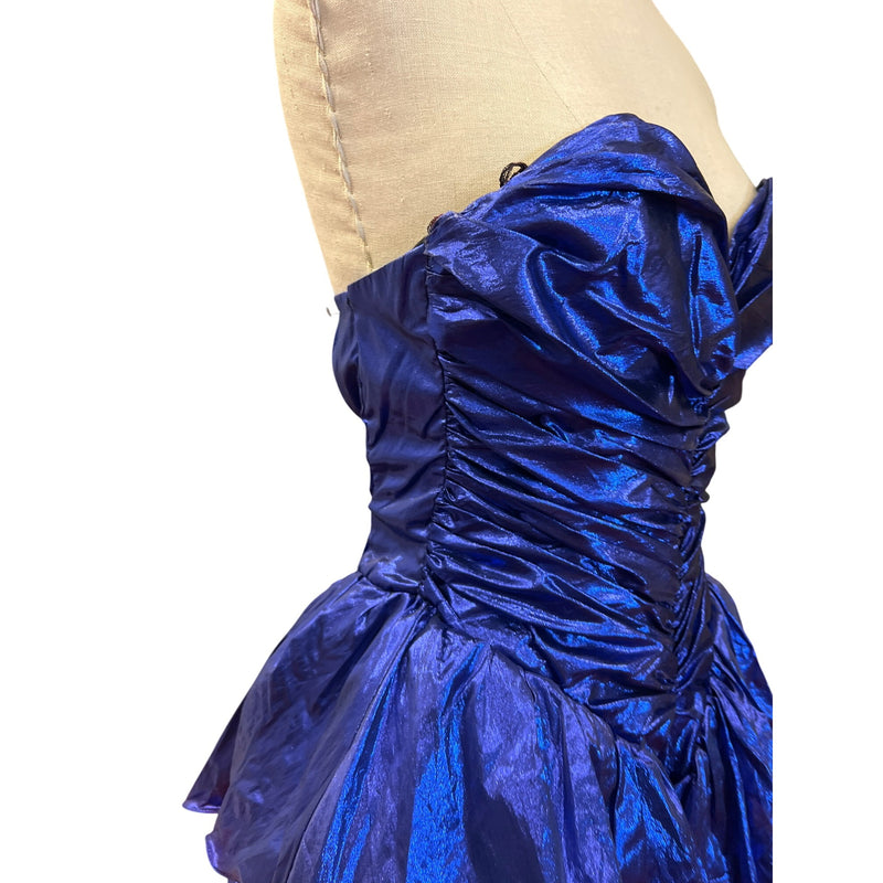 Vintage 80s Dress Metallic Purple Strapless Ruched Shiny Evening Gown Prom Dress With Sweetheart Neckline Volume Layered Skirt Homecoming