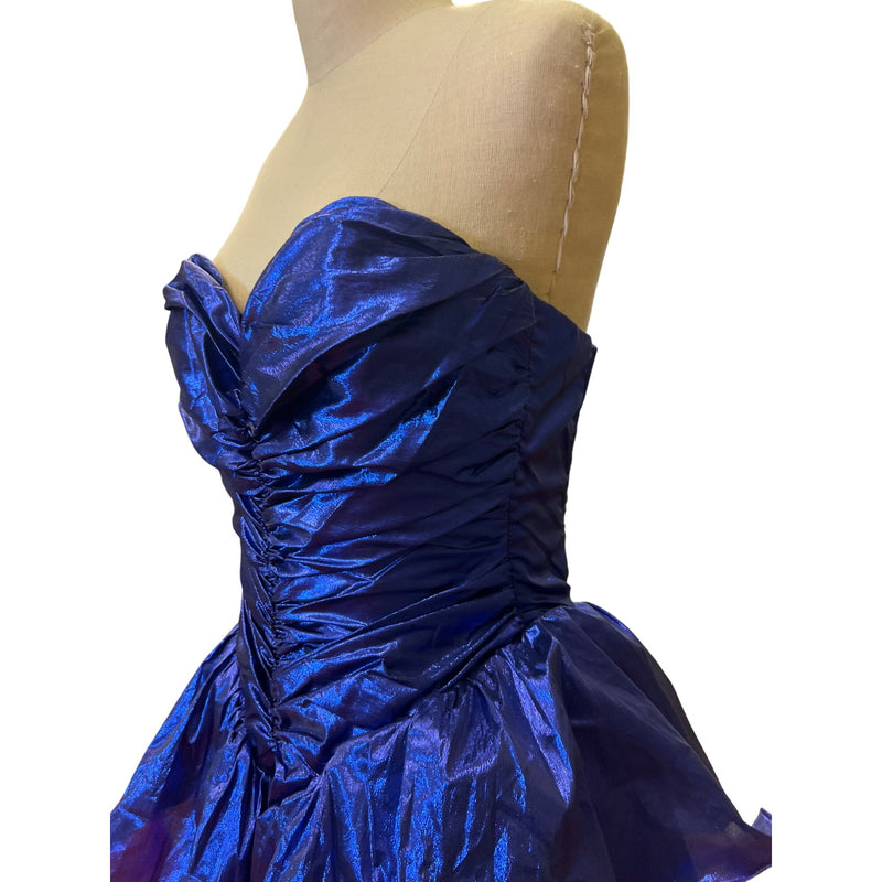 Vintage 80s Dress Metallic Purple Strapless Ruched Shiny Evening Gown Prom Dress With Sweetheart Neckline Volume Layered Skirt Homecoming