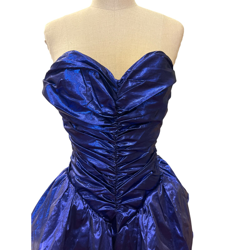 Vintage 80s Dress Metallic Purple Strapless Ruched Shiny Evening Gown Prom Dress With Sweetheart Neckline Volume Layered Skirt Homecoming