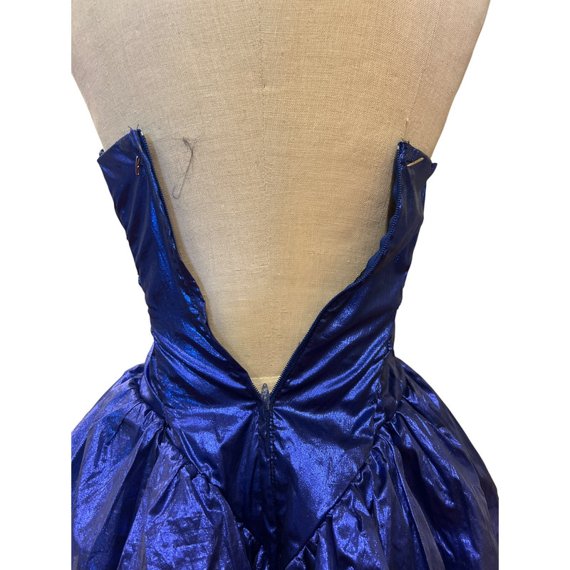 Vintage 80s Dress Metallic Purple Strapless Ruched Shiny Evening Gown Prom Dress With Sweetheart Neckline Volume Layered Skirt Homecoming