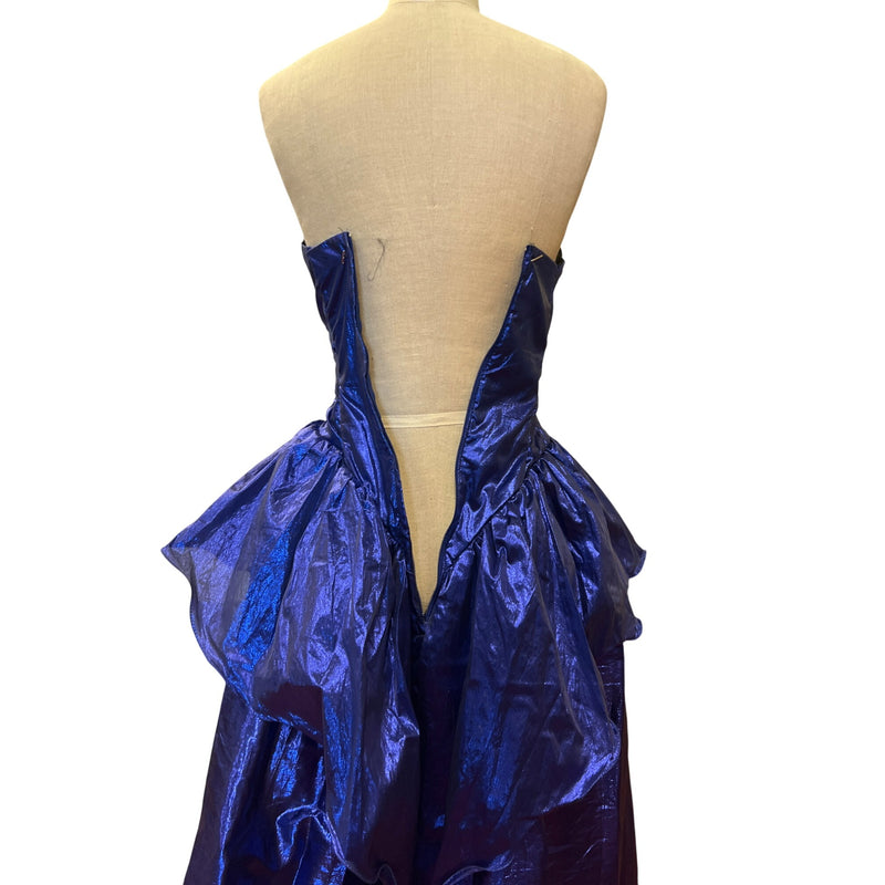 Vintage 80s Dress Metallic Purple Strapless Ruched Shiny Evening Gown Prom Dress With Sweetheart Neckline Volume Layered Skirt Homecoming