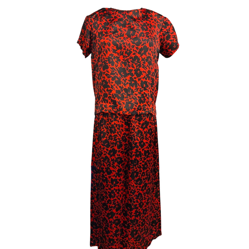 Vintage Red Black Floral Printed Womens Two-Piece Dress Short Sleeve Top Elastic Waist Maxi Skirt, Fundraiser Sustainable Fashion Education