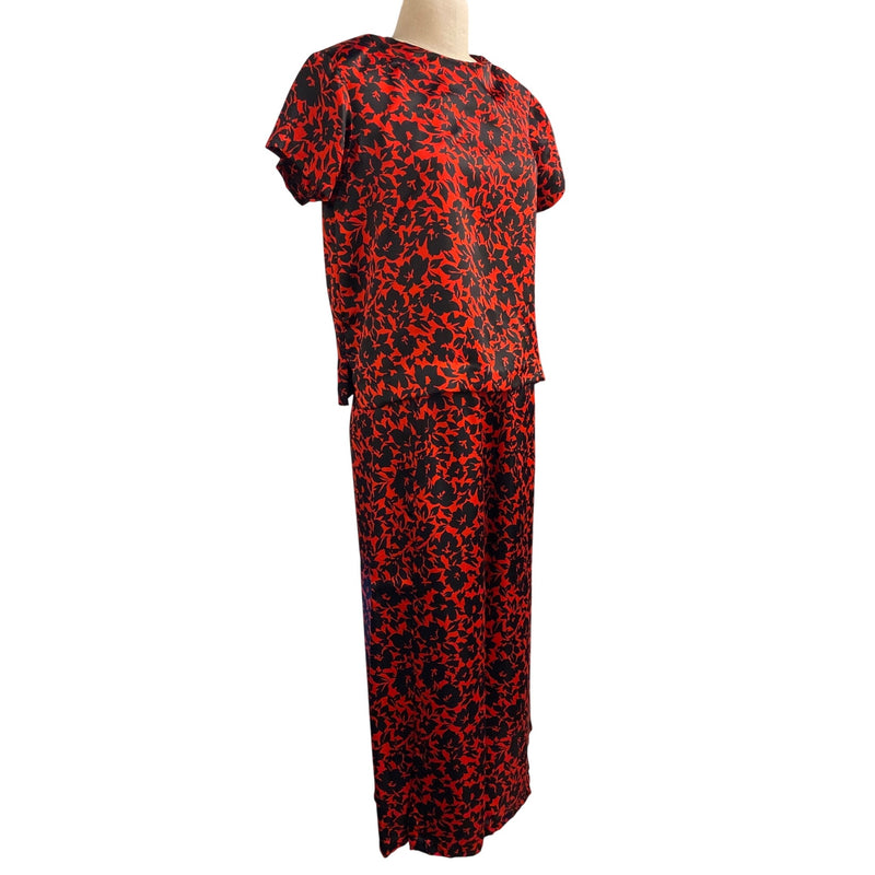 Vintage Red Black Floral Printed Womens Two-Piece Dress Short Sleeve Top Elastic Waist Maxi Skirt, Fundraiser Sustainable Fashion Education