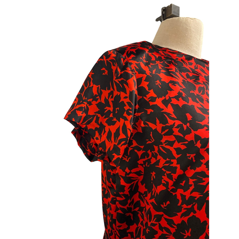 Vintage Red Black Floral Printed Womens Two-Piece Dress Short Sleeve Top Elastic Waist Maxi Skirt, Fundraiser Sustainable Fashion Education