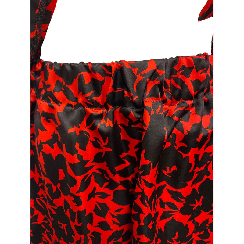 Vintage Red Black Floral Printed Womens Two-Piece Dress Short Sleeve Top Elastic Waist Maxi Skirt, Fundraiser Sustainable Fashion Education