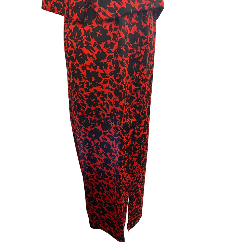 Vintage Red Black Floral Printed Womens Two-Piece Dress Short Sleeve Top Elastic Waist Maxi Skirt, Fundraiser Sustainable Fashion Education