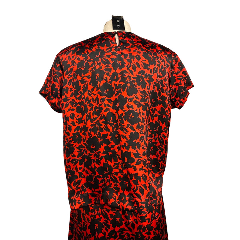 Vintage Red Black Floral Printed Womens Two-Piece Dress Short Sleeve Top Elastic Waist Maxi Skirt, Fundraiser Sustainable Fashion Education