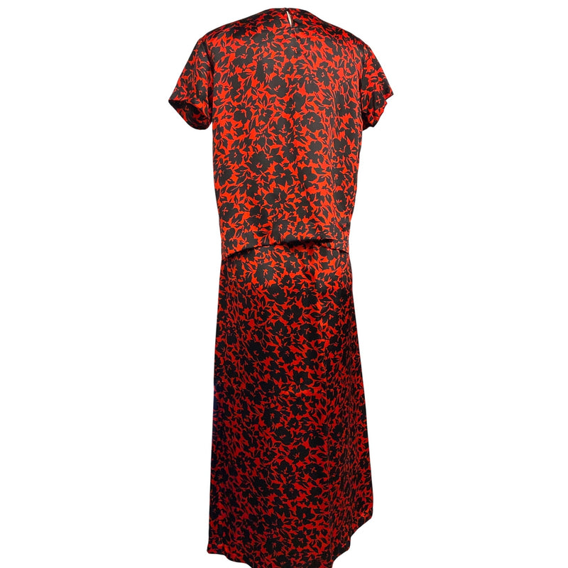 Vintage Red Black Floral Printed Womens Two-Piece Dress Short Sleeve Top Elastic Waist Maxi Skirt, Fundraiser Sustainable Fashion Education