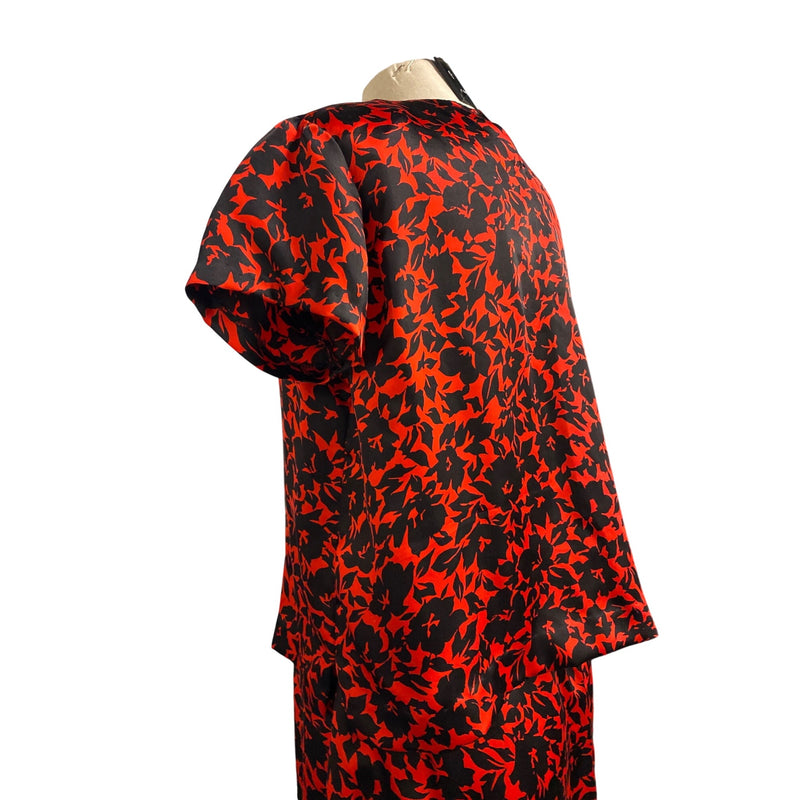 Vintage Red Black Floral Printed Womens Two-Piece Dress Short Sleeve Top Elastic Waist Maxi Skirt, Fundraiser Sustainable Fashion Education