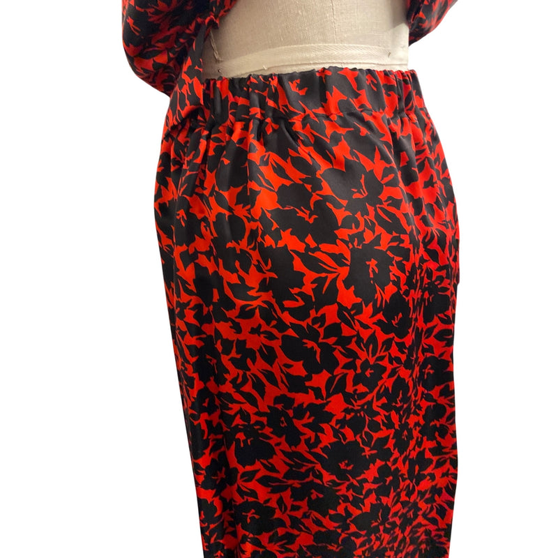 Vintage Red Black Floral Printed Womens Two-Piece Dress Short Sleeve Top Elastic Waist Maxi Skirt, Fundraiser Sustainable Fashion Education