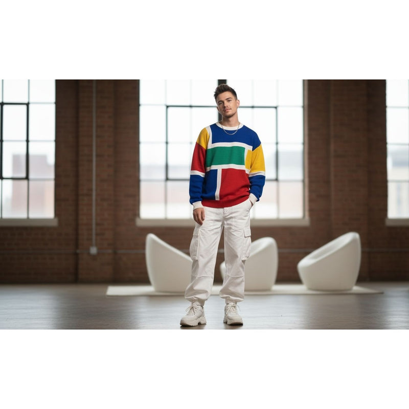 Vintage Color-Block Pullover Sweatshirt Crew Neck Long Sleeve Casual