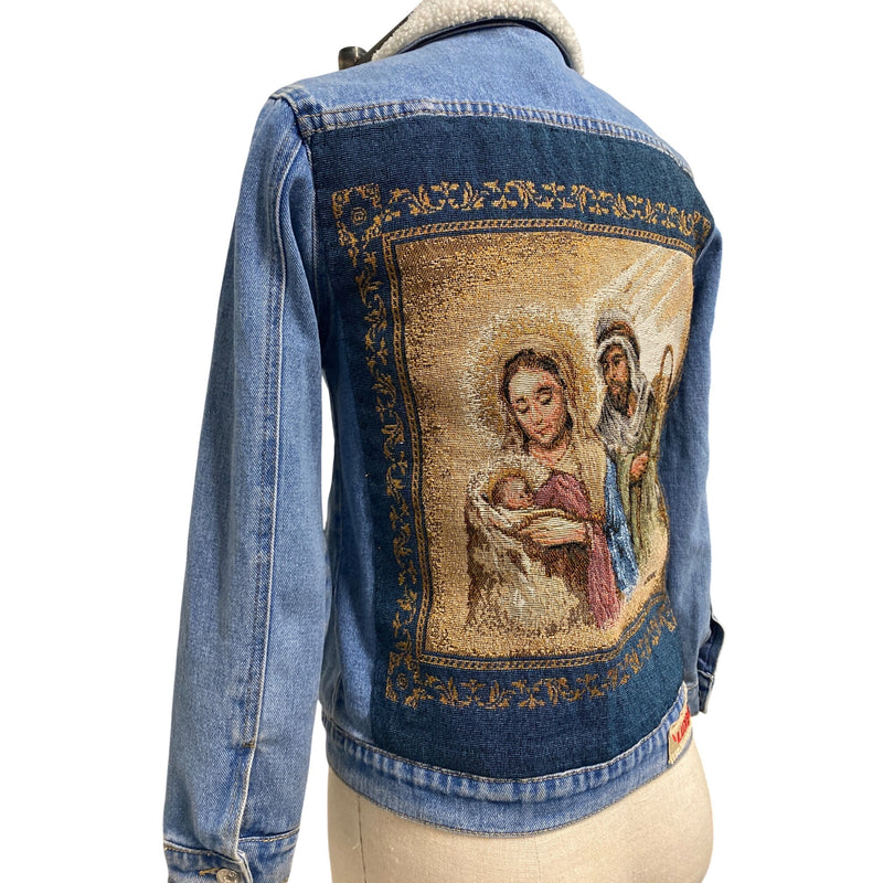 LUXBOHEME Upcycled Coat PACSUN Denim Sherpa Jean Jacket With Peace Patch, Fundraiser for Sustainable Fashion Education Programs