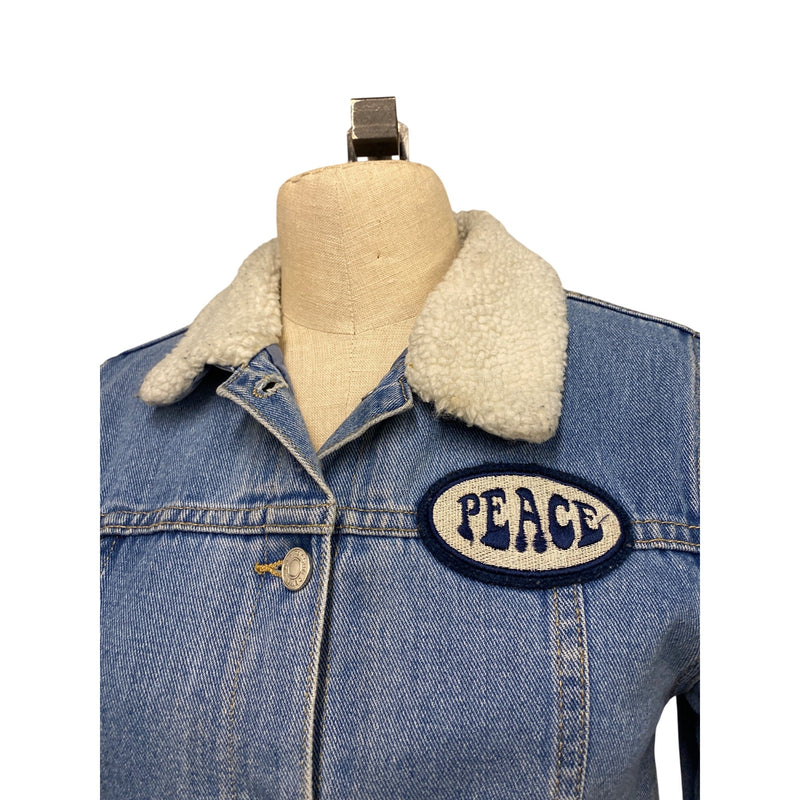 LUXBOHEME Upcycled Coat PACSUN Denim Sherpa Jean Jacket With Peace Patch, Fundraiser for Sustainable Fashion Education Programs