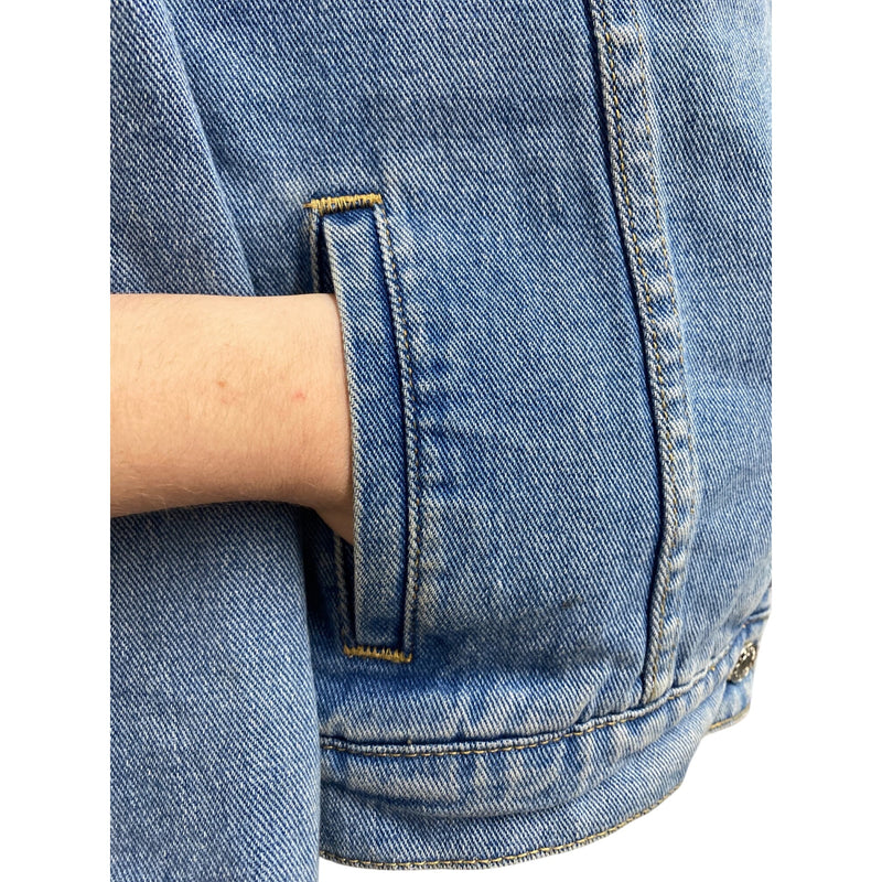 LUXBOHEME Upcycled Coat PACSUN Denim Sherpa Jean Jacket With Peace Patch, Fundraiser for Sustainable Fashion Education Programs