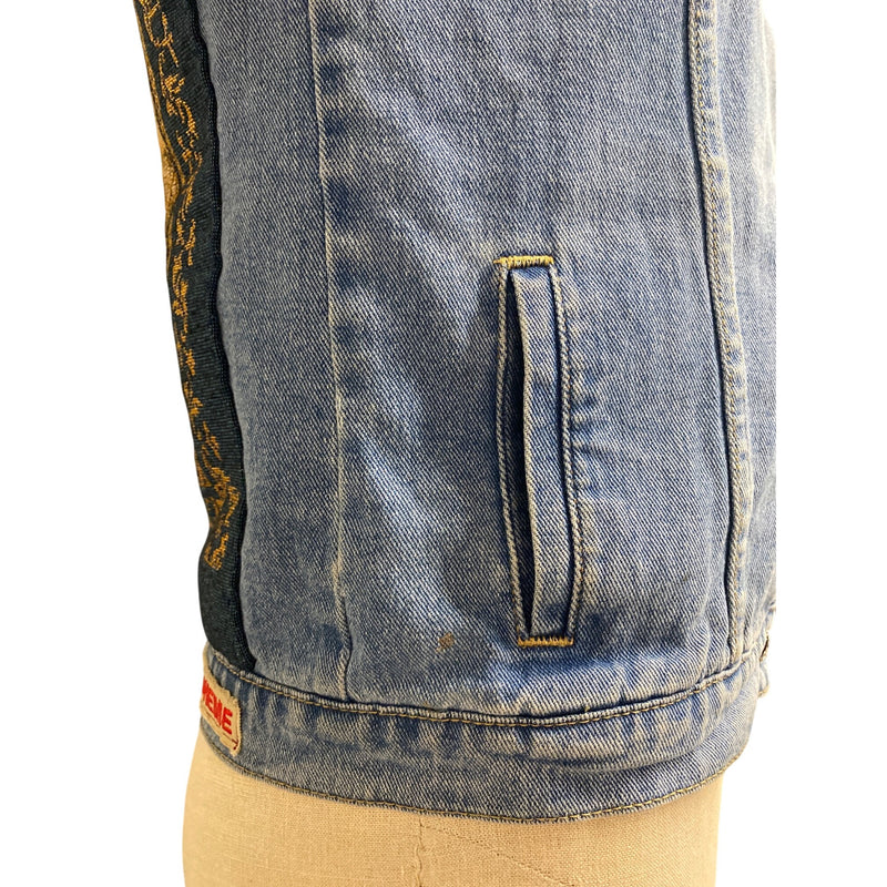 LUXBOHEME Upcycled Coat PACSUN Denim Sherpa Jean Jacket With Peace Patch, Fundraiser for Sustainable Fashion Education Programs