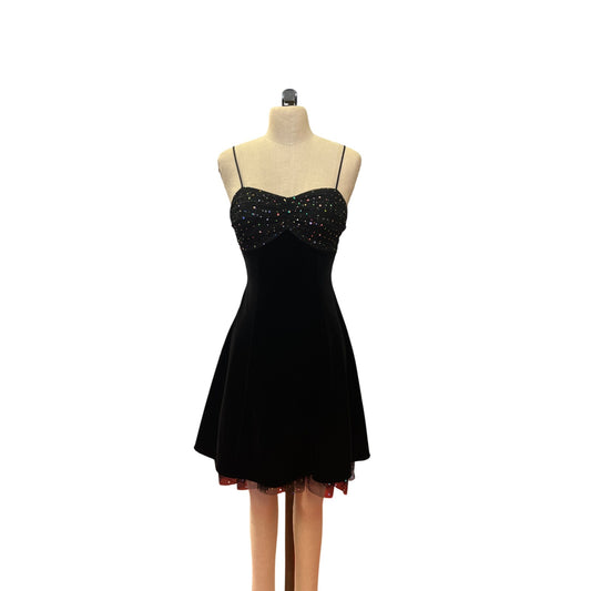 Vintage Blondie Nites by Linda Bernell Black Velvet Spaghetti Strap Dress Sparkling Top Short Prom LBD Homecoming Dress