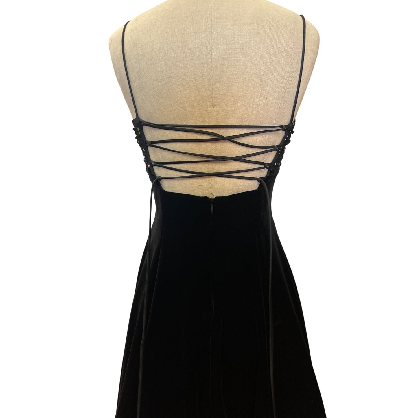 Vintage Blondie Nites by Linda Bernell Black Velvet Spaghetti Strap Dress Sparkling Top Short Prom LBD Homecoming Dress
