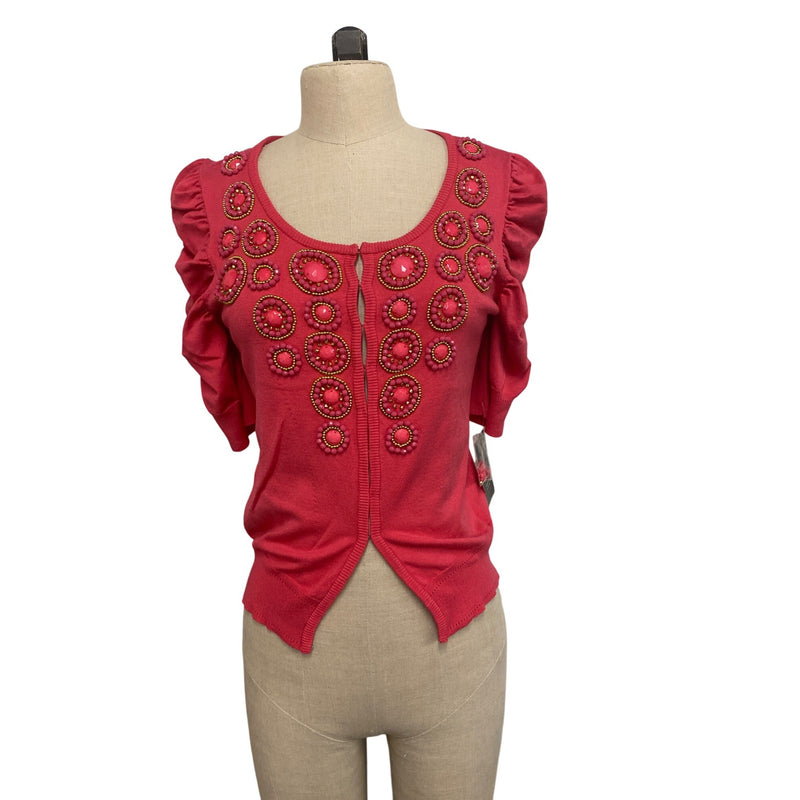 Floral Festival Embellished Coral Pink Short Sleeve Cardigan Sweater With Beaded Medallions by Inc International Concepts from Macys