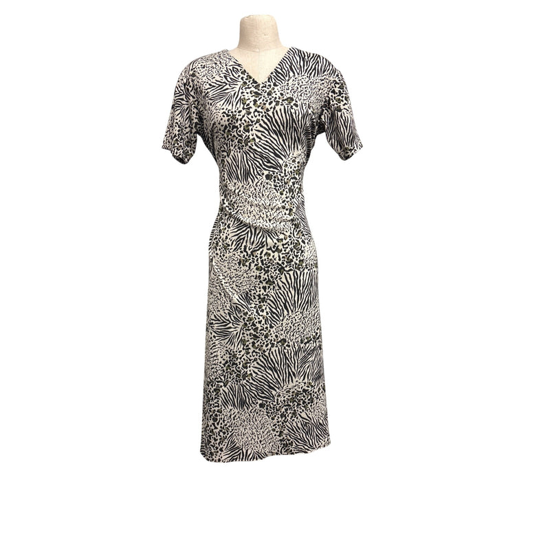Vintage Handmade Animal Print Midi Dress With Tie Waist and Short Sleeves