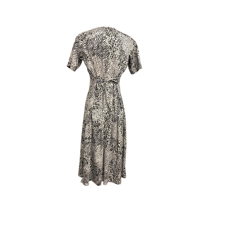 Vintage Handmade Animal Print Midi Dress With Tie Waist and Short Sleeves