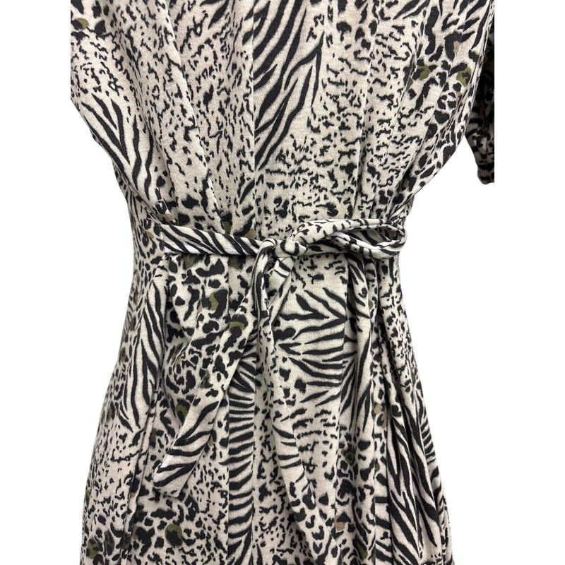 Vintage Handmade Animal Print Midi Dress With Tie Waist and Short Sleeves
