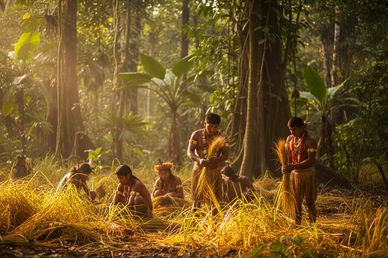 community harvesting golden grass from amazon, make it realistic as a photo