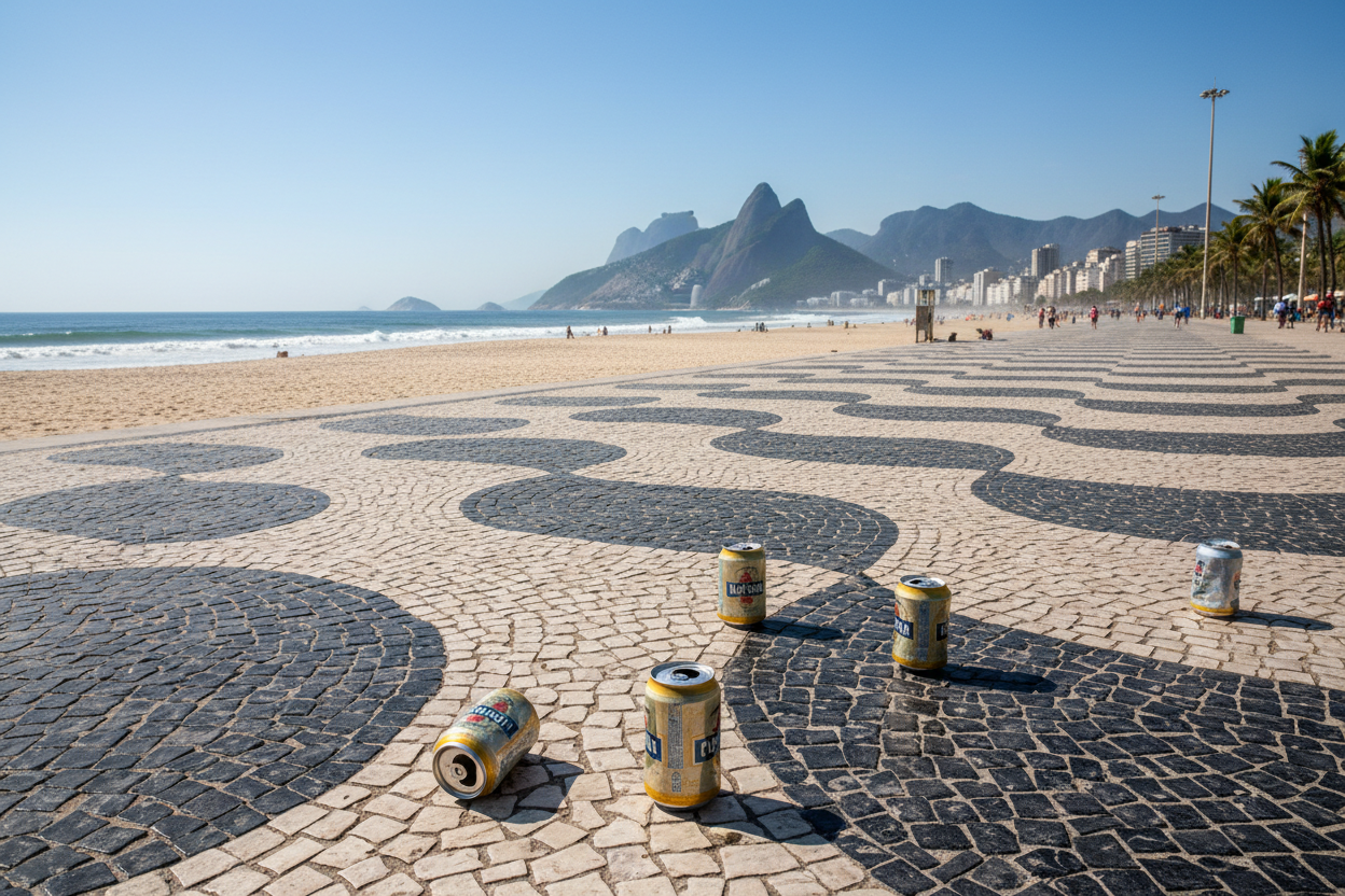 copacabana beach showing signature wave black white sidewalk with some beer cans on the floor and the landscape behind