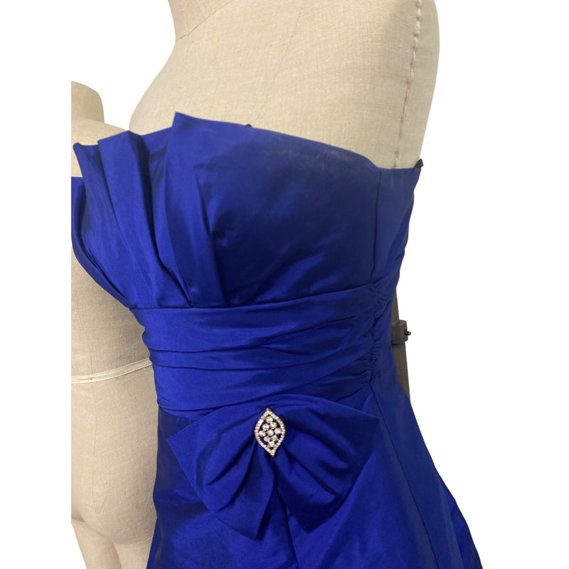 Betsy and Adam by Linda Bernell Strapless Royal Blue Satin Dress With Rhinestone Bow Detail & Bubble Hem