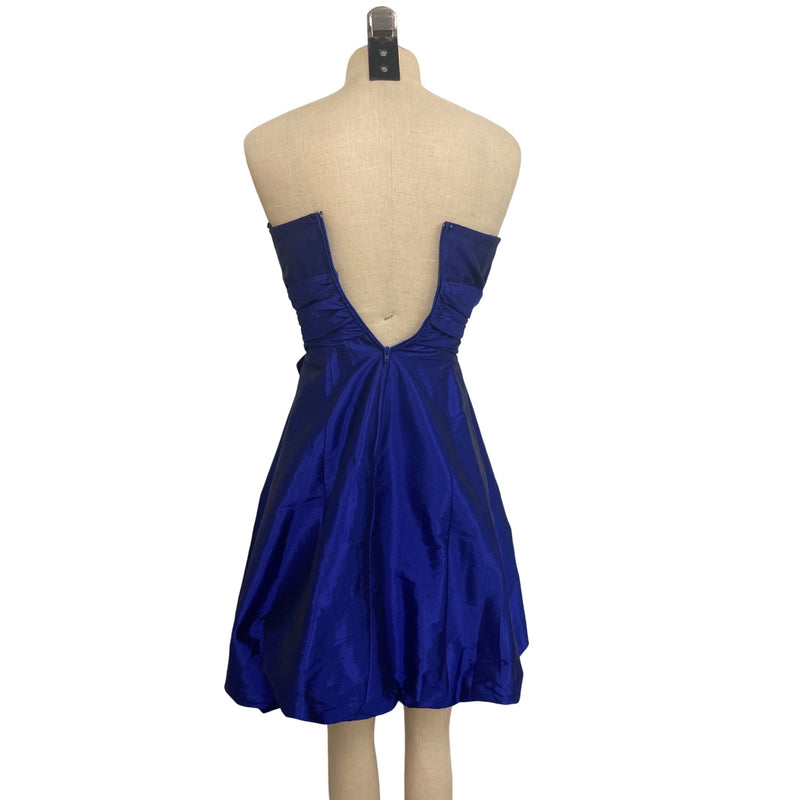 Betsy and Adam by Linda Bernell Strapless Royal Blue Satin Dress With Rhinestone Bow Detail & Bubble Hem
