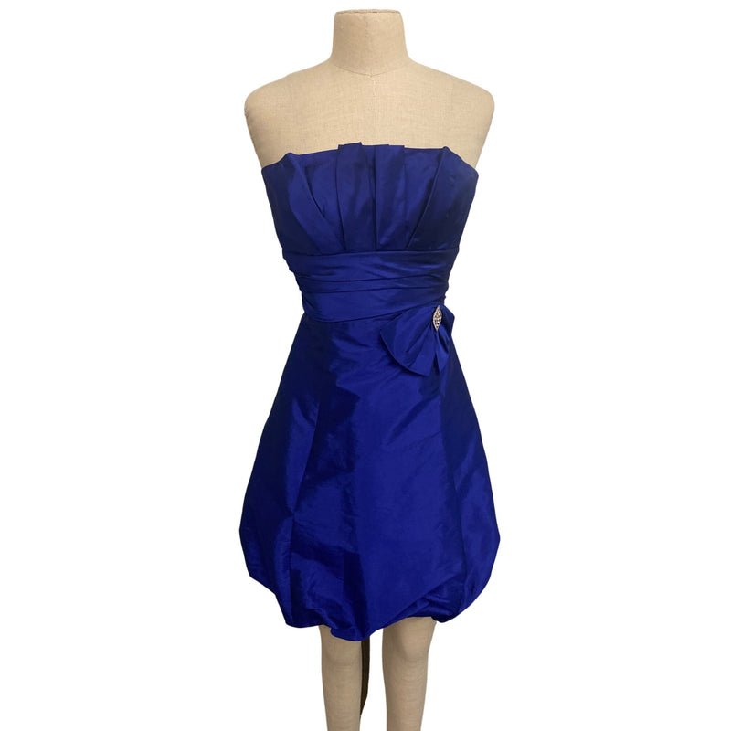 Betsy and Adam by Linda Bernell Strapless Royal Blue Satin Dress With Rhinestone Bow Detail & Bubble Hem