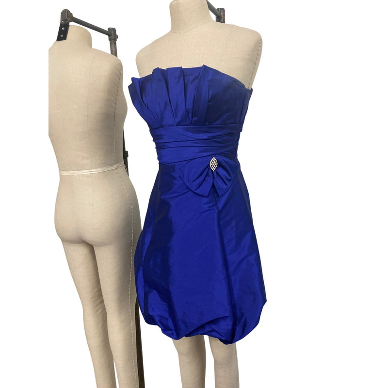 Betsy and Adam by Linda Bernell Strapless Royal Blue Satin Dress With Rhinestone Bow Detail & Bubble Hem