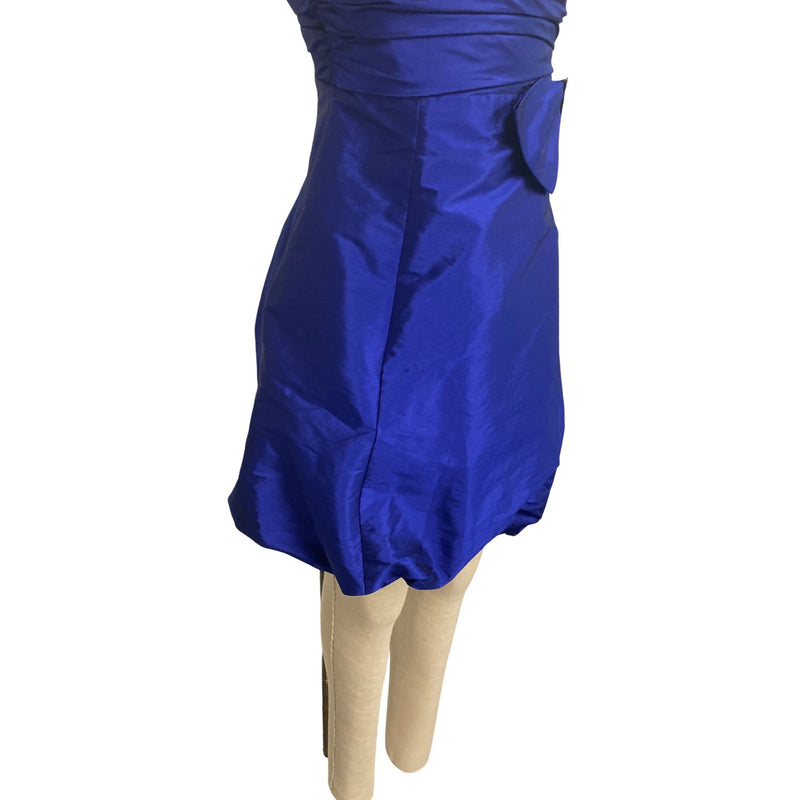 Betsy and Adam by Linda Bernell Strapless Royal Blue Satin Dress With Rhinestone Bow Detail & Bubble Hem