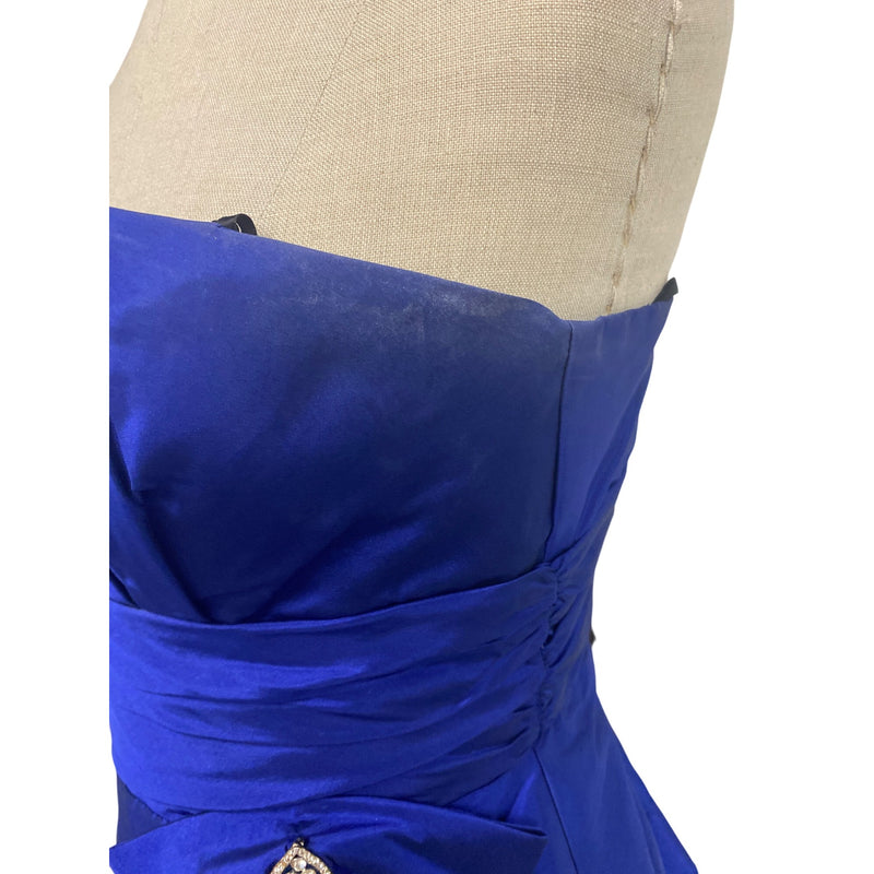 Betsy and Adam by Linda Bernell Strapless Royal Blue Satin Dress With Rhinestone Bow Detail & Bubble Hem