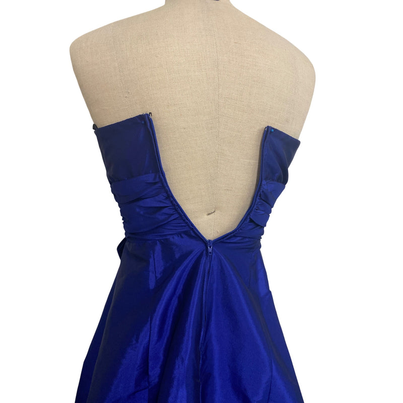 Betsy and Adam by Linda Bernell Strapless Royal Blue Satin Dress With Rhinestone Bow Detail & Bubble Hem