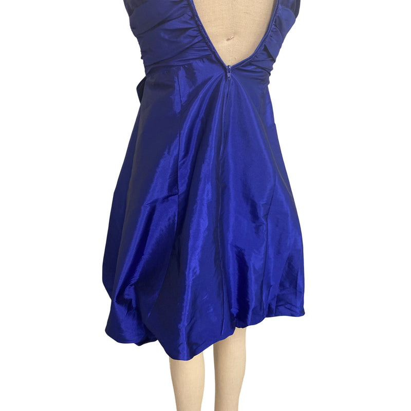 Betsy and Adam by Linda Bernell Strapless Royal Blue Satin Dress With Rhinestone Bow Detail & Bubble Hem