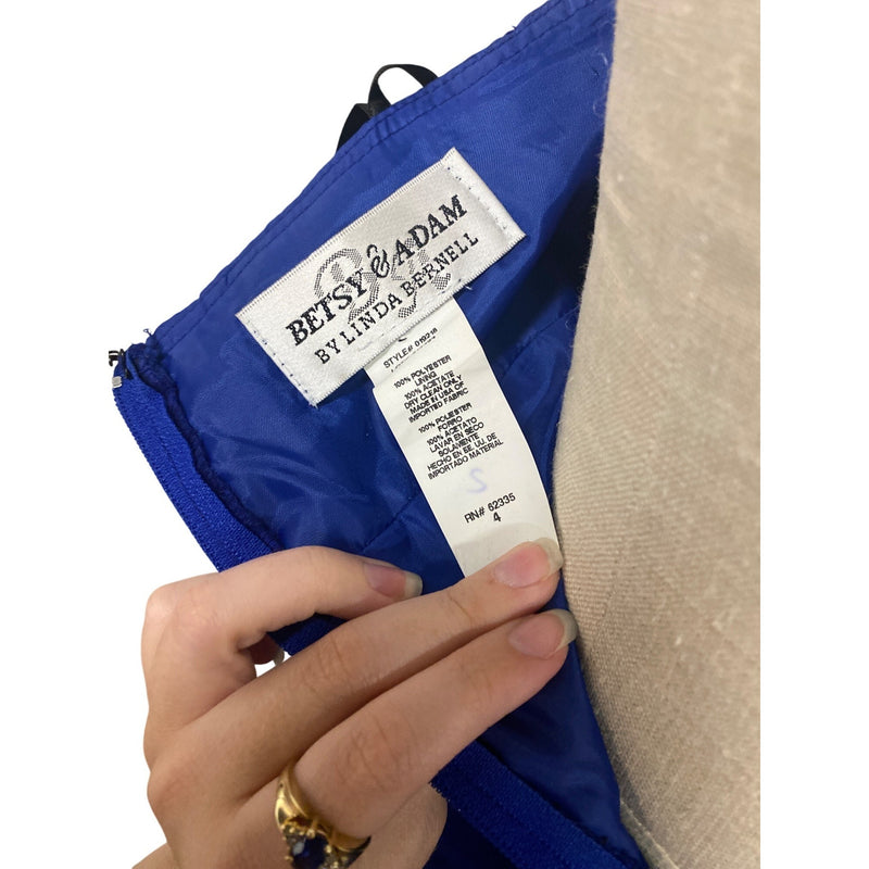 Betsy and Adam by Linda Bernell Strapless Royal Blue Satin Dress With Rhinestone Bow Detail & Bubble Hem