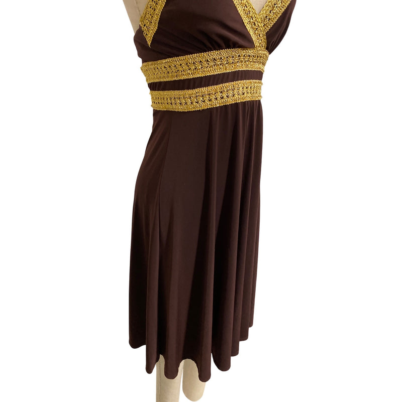 Vintage Eliza J. New York Brown Gold Halter Dress With Crochet Detailing  Open Back Design, Fundraiser for Sustainable Fashion Education