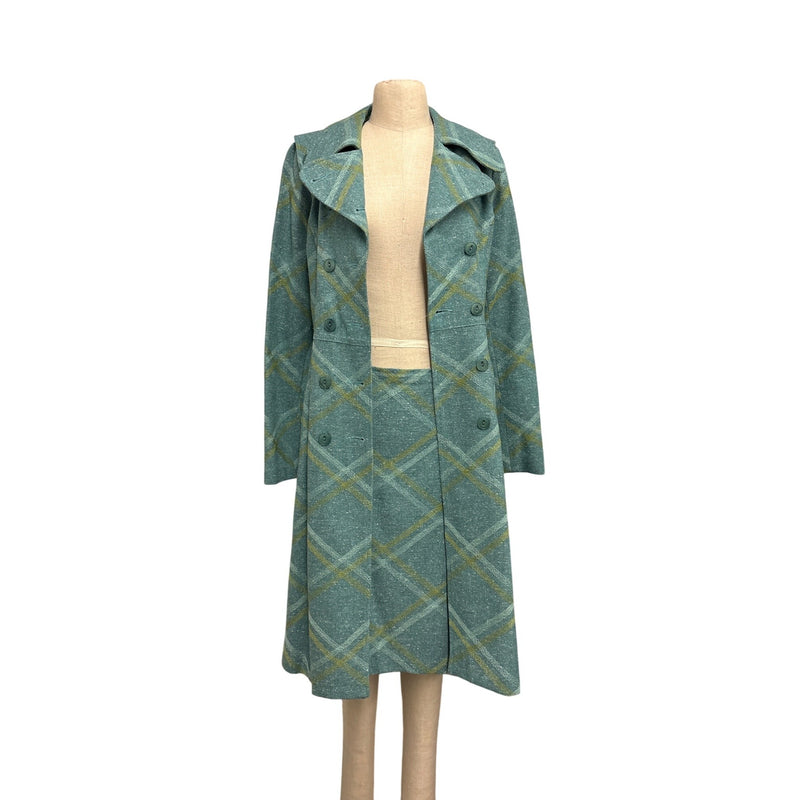 Vintage Beth Bowley Teal Gold Plaid Wool Blend Belted Coat Jacket Pencil Skirt Set Size 6 RN98544, Sustainable Fashion Education Fundraiser