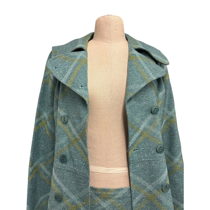 Vintage Beth Bowley Teal Gold Plaid Wool Blend Belted Coat Jacket Pencil Skirt Set Size 6 RN98544, Sustainable Fashion Education Fundraiser