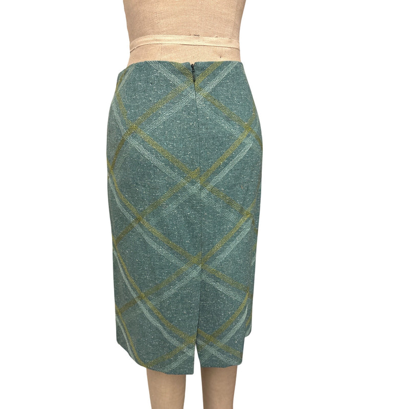 Vintage Beth Bowley Teal Gold Plaid Wool Blend Belted Coat Jacket Pencil Skirt Set Size 6 RN98544, Sustainable Fashion Education Fundraiser