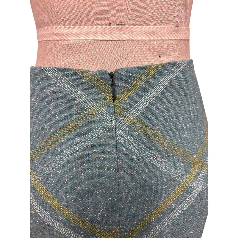Vintage Beth Bowley Teal Gold Plaid Wool Blend Belted Coat Jacket Pencil Skirt Set Size 6 RN98544, Sustainable Fashion Education Fundraiser