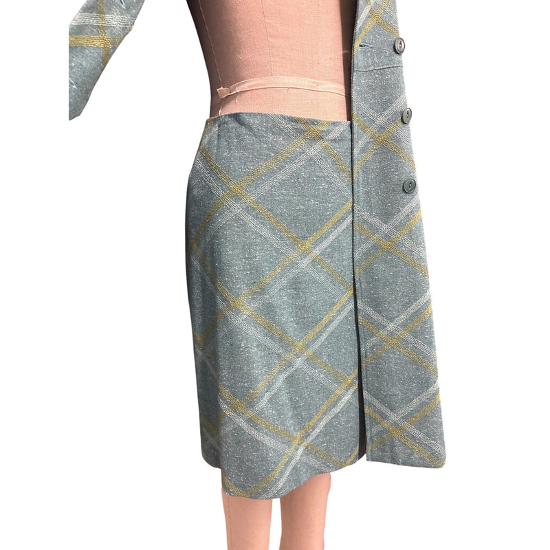 Vintage Beth Bowley Teal Gold Plaid Wool Blend Belted Coat Jacket Pencil Skirt Set Size 6 RN98544, Sustainable Fashion Education Fundraiser