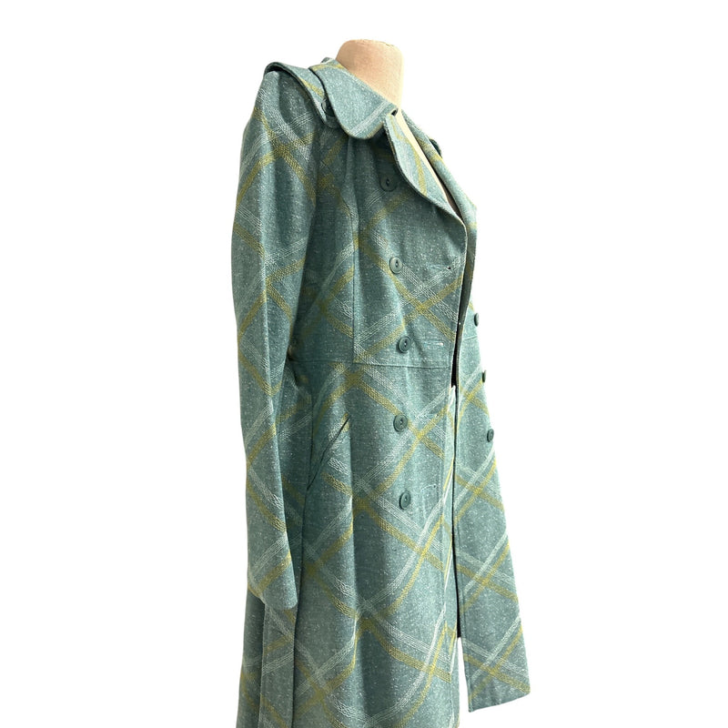 Vintage Beth Bowley Teal Gold Plaid Wool Blend Belted Coat Jacket Pencil Skirt Set Size 6 RN98544, Sustainable Fashion Education Fundraiser