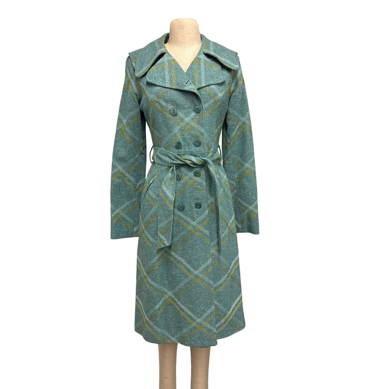 Vintage Beth Bowley Teal Gold Plaid Wool Blend Belted Coat Jacket Pencil Skirt Set Size 6 RN98544, Sustainable Fashion Education Fundraiser
