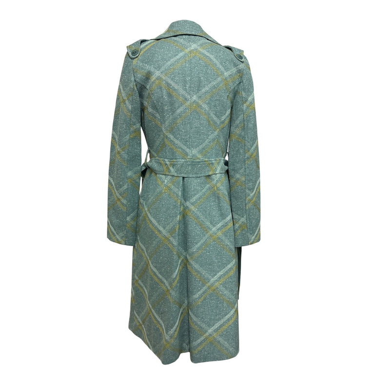Vintage Beth Bowley Teal Gold Plaid Wool Blend Belted Coat Jacket Pencil Skirt Set Size 6 RN98544, Sustainable Fashion Education Fundraiser